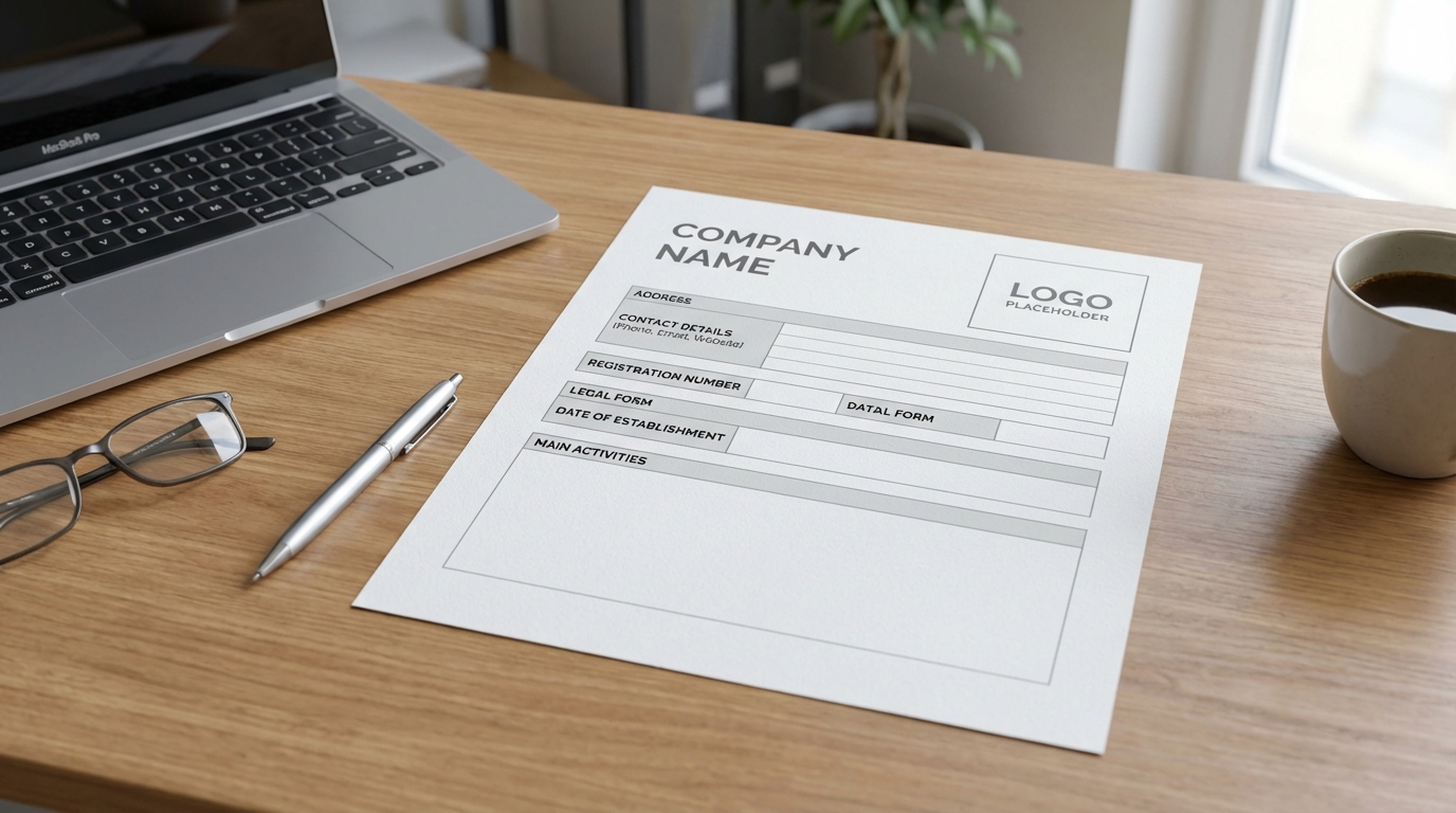 Fiche signalétique d'entreprise présentée sur un bureau avec des documents administratifs