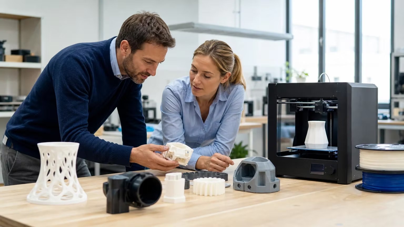 Pièce issue du prototypage rapide posée sur un établi d'atelier