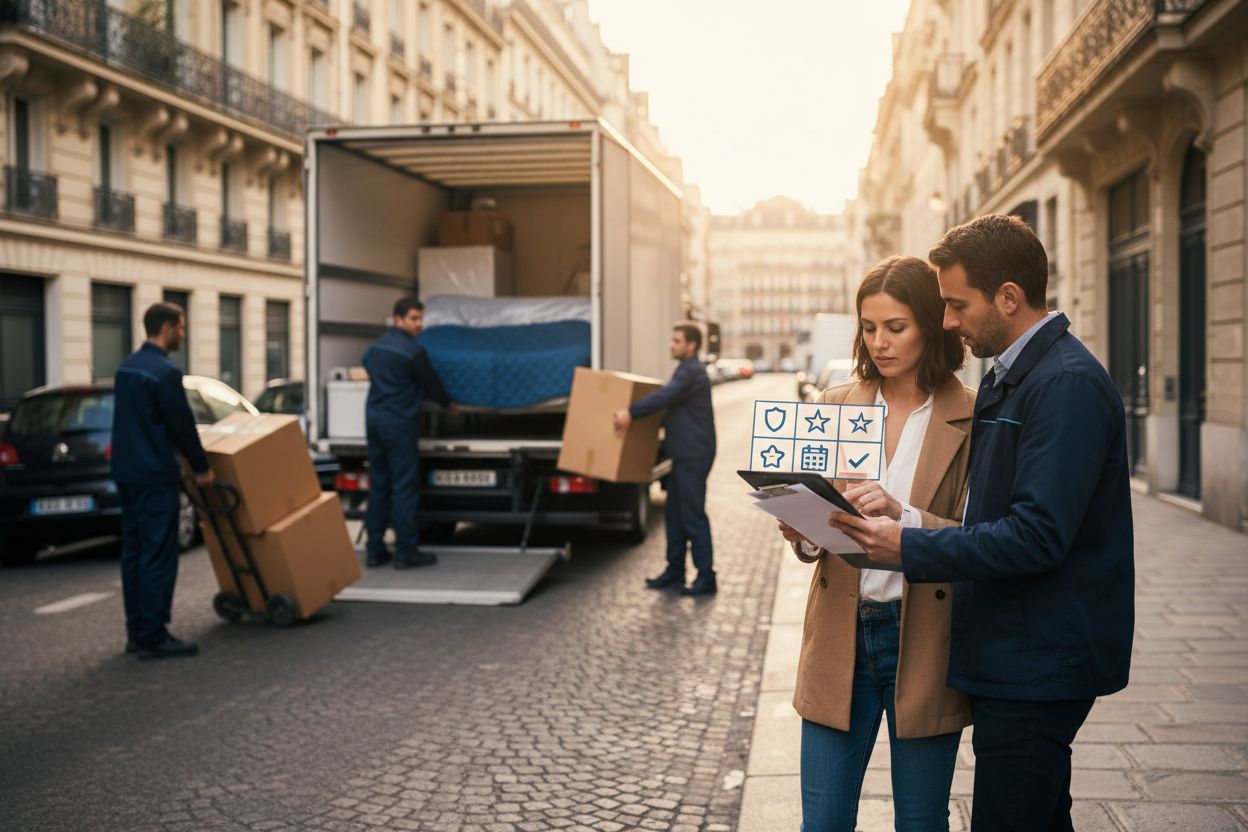 Déménageurs professionnels chargeant des cartons dans un camion d'entreprise de déménagement