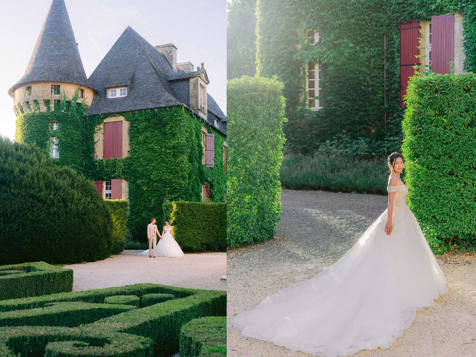 Robe de mariée princesse à jupe ample en tulle, portée dans une allée de parc